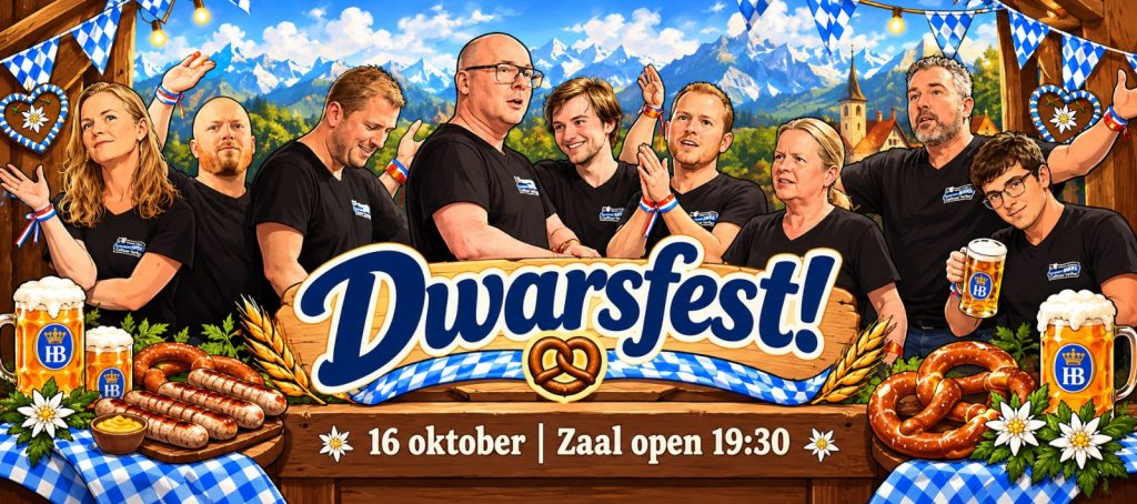 Getekende aankondiging van Dwarsfest op 16 oktober: de spelers van Dwars in een Beierse feesttent met bier, braadworst en pretzels.