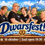 Getekende aankondiging van Dwarsfest op 16 oktober: de spelers van Dwars in een Beierse feesttent met bier, braadworst en pretzels.